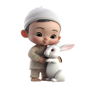 3D Render of a Little Boy with a Cute Baby Bunny