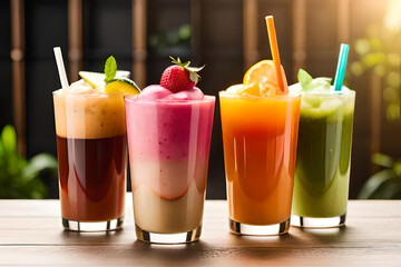 Variety of fruit cocktails, popular bubble tea, chocolate fruit flavor. Trendy Asian summer drinks