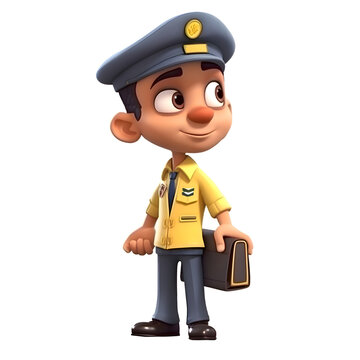 3D Render of Little Policeman with briefcase. Isolated white background