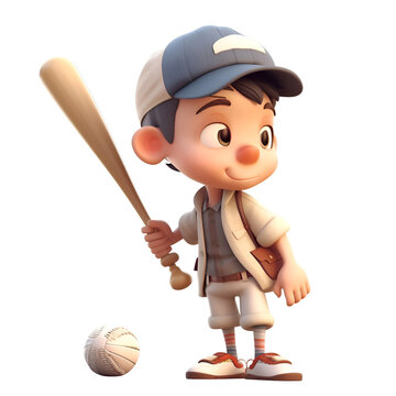 3D illustration of a boy with a baseball bat and a ball