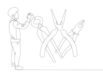 One continuous line of man drawing  Pliers, Tongs by with felt tip pen. A hand tool used to hold objects securely. Thin Line Illustration vector concept. Contour Drawing Creative ideas.