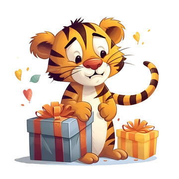 Vector illustration of Cute tiger with gift box on white background.