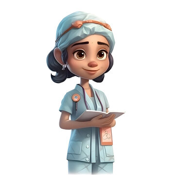 3D Render of Little Nurse with stethoscope and notepad