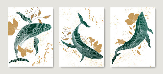 Art background with whales and flowers hand drawn in gold and green colors in art line style. Animal vector set for decor, print, textile, interior design, poster, print. © VectorART