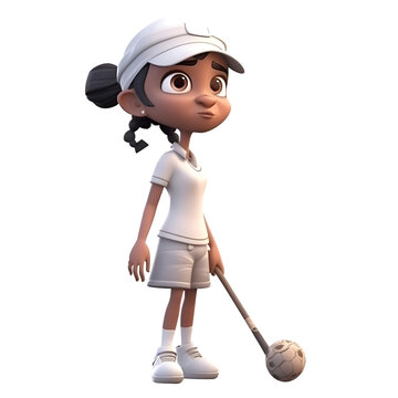 3D Render of a Little Girl with a golf club and ball