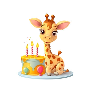 Cute cartoon giraffe with birthday cake and candles. Vector illustration