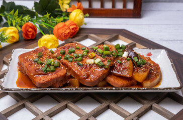 Delicious Korean food side dishes Spam and radish stew