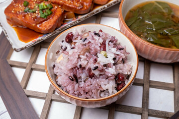 Table setting of delicious Korean food