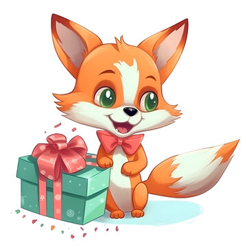 Cute fox with gift box. Vector illustration isolated on white background.