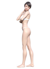 Fototapeta premium 髪をかきあげながら振り向く日本人女性のイラスト ナチュラルな3Dモデルの全身横向き 後ろ向き