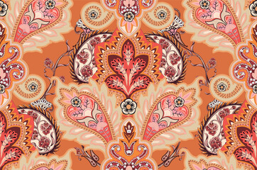 Colorful asian style floral pattern. Dark background floral tapestry.  paisley pattern with traditional indian style, design for decoration and textiles