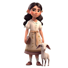 3D digital render of a cute little girl with a sheep isolated on white background