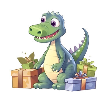 Cute cartoon crocodile with gifts. Vector illustration isolated on white background.