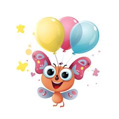 Obraz na płótnie Canvas Cute cartoon butterfly with colorful balloons isolated on white background. Vector illustration.