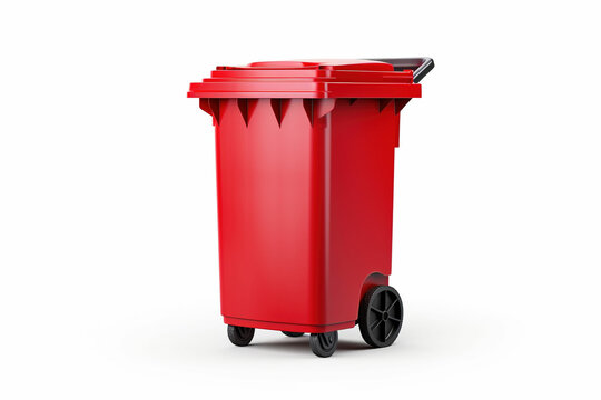 Red plastic rubbish or recycling bin on wheels, a convenient and eco-friendly container for waste management, isolated on a white background