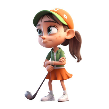3D rendering of a little girl playing golf isolated on white background