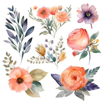 Set of watercolor floral elements. Hand drawn flowers and leaves.