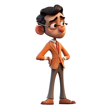 3D illustration of a cartoon character with glasses.wearing a suit