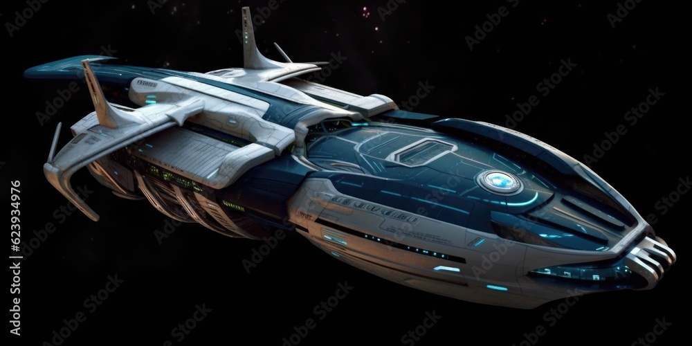 Poster the advanced and futuristic exploratory science carrier spaceship. generative ai aig27.