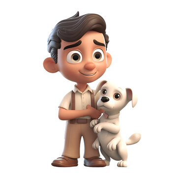 3D illustration of a cartoon character with a dog. Isolated white background.