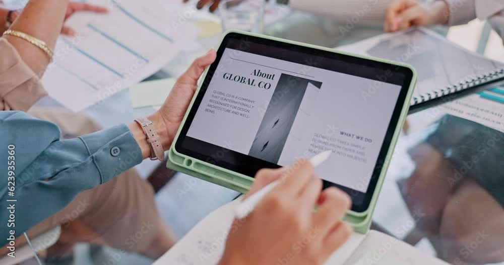 Aufkleber Tablet, hands and about us page with website design and research for management project. Company team, startup and employee working on technology with creative web designer and digital work plan