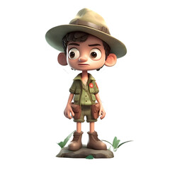 Boy scout in safari outfit with hat and boots.3d rendering