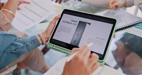 Tablet, hands and about us page with website design and research for management project. Company team, startup and employee working on technology with creative web designer and digital work plan