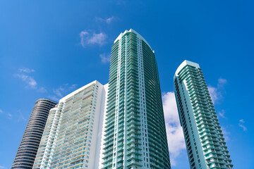 Fototapeta na wymiar high skyscraper architectural building on blue sky. skyscraper architectural building outdoor