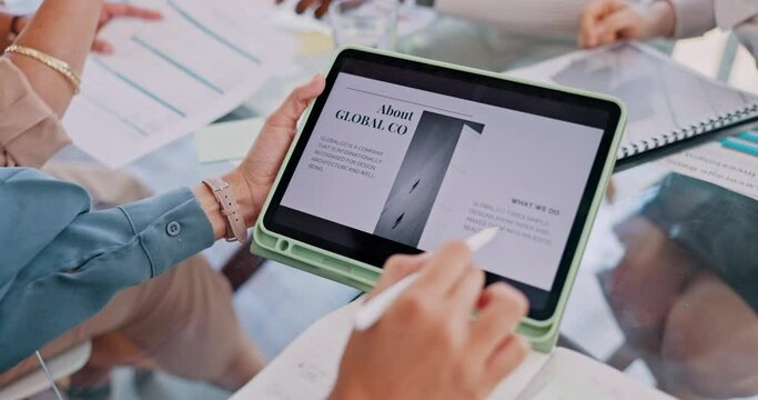 Tablet, hands and about us page with website design and research for management project. Company team, startup and employee working on technology with creative web designer and digital work plan