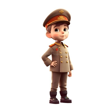 3D Render of a Little Boy in Army Uniform with Beret