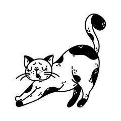 Cute cat yawns vector icon. Spotted black and white kitten is tired. Sleepy pet, nice domestic animal. Simple doodle, sketch. Isolated clipart. Illustration for posters, print, cards, stickers, web