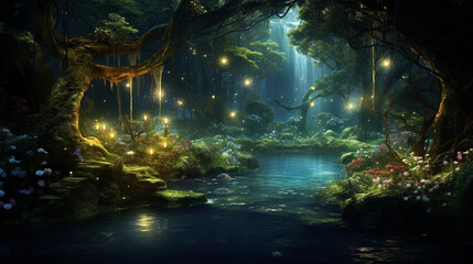 fantasy forest with tree and twinkled light. fairy tale background. generative AI