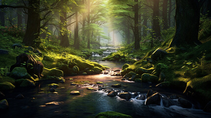 green forest with tree and stream. nature scene background concept. generative AI 