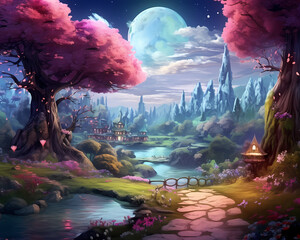 Beautiful Fantasy Landscapes : Magical Secret Places, with a towering cliff tower and a terraced house in front of which there is a beautiful garden in forest