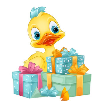 Illustration of a cute cartoon duck with gifts on a white background