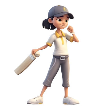 3D Render of Little Girl with cricket bat and bowler hat