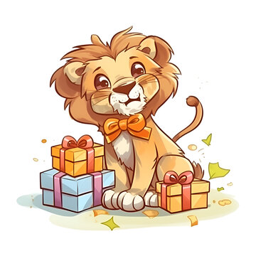 Lion with gifts. Cute cartoon character. Vector illustration.