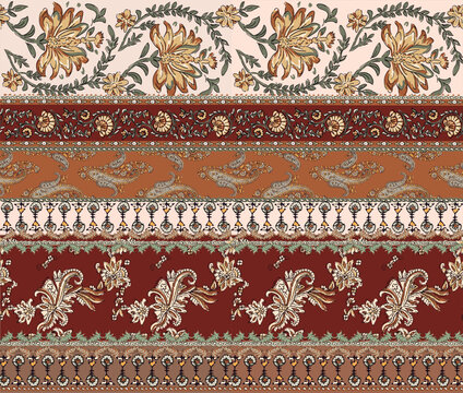 Printed patchwork pattern with paisley and floral Hindu style motifs. border style pattern for textile and decoration
