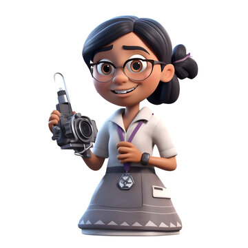 3D illustration of a cute Asian girl with a camera.isolated white background