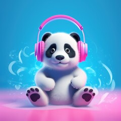 Cute baby panda bear in headphones listens to music in pink headphones. Ai generation