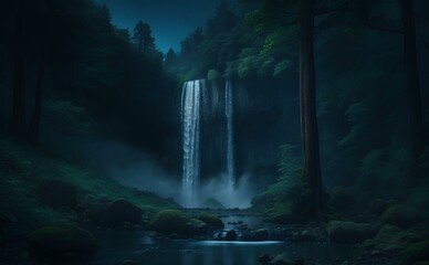 waterfall in the forest at night