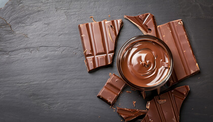 Melted chocolate and bar chocolate. Slate background. Copy space Top view