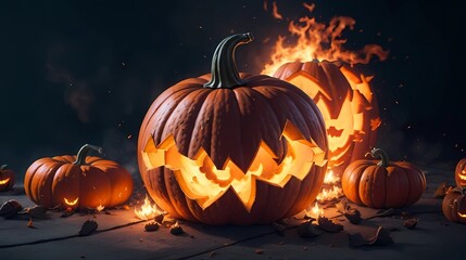 Pumpkin Halloween in fire image art illustration, generative Ai art 