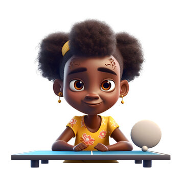3D Render of an african american little girl playing table tennis