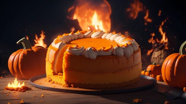 pumpkin cake on fire image art illustration, generative Ai art