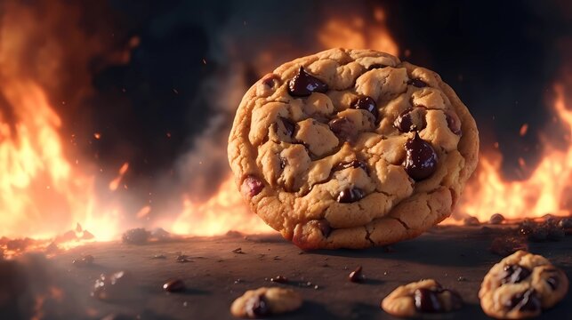 chocolate cookie on fire image art illustration, generative Ai art