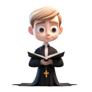 Illustration of a cartoon priest reading a bible.3d rendering
