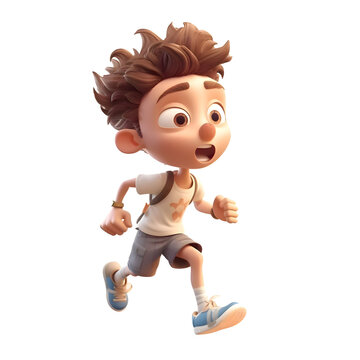 3d rendering of a cute boy running on white background with shadow