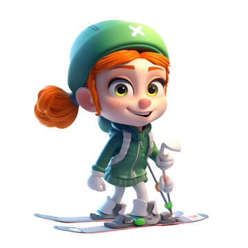 3D Render of a cute alpine girl with skis and cap