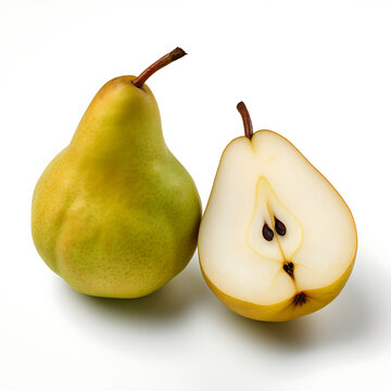 summer time sliced whole pear on an isolated white background, with copy space